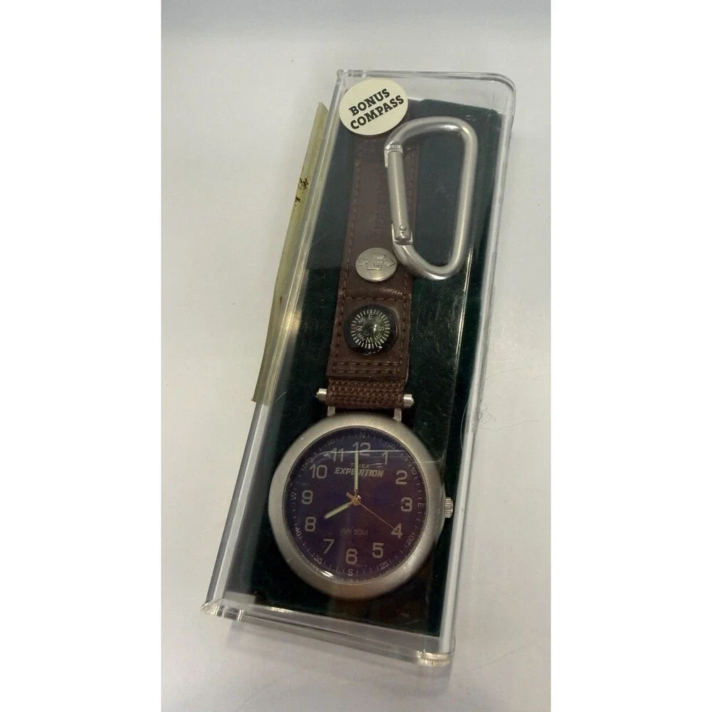 NIB VTG Timex Expedition Pocket Watch Silver Blue Dial Compass Carabiner